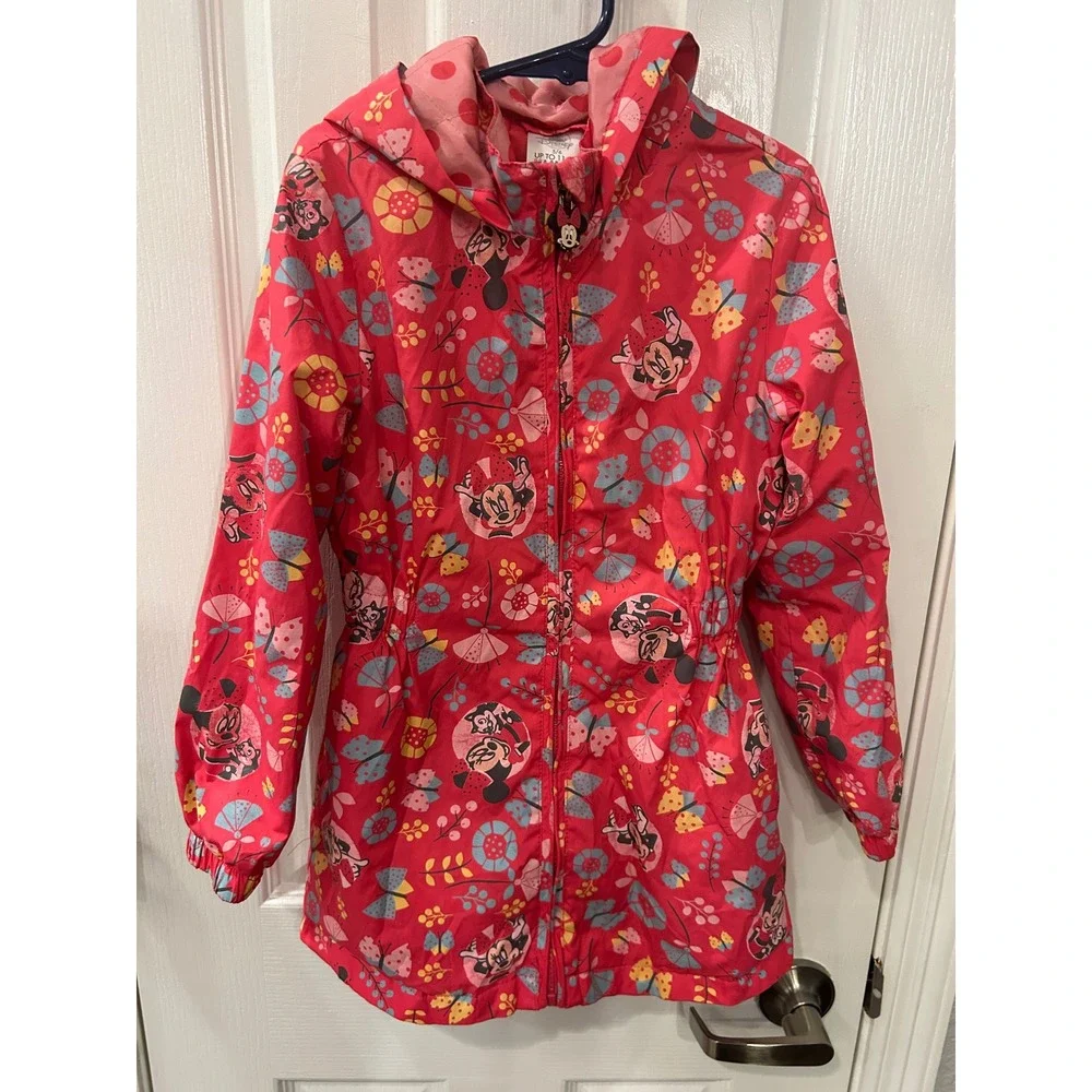 Disney Store Minnie Mouse Rain Jacket Red Floral Butterfly Hooded‎ Coat Kids 5/6